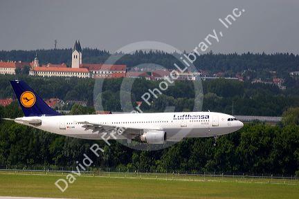 Lufthansa airplane landing at Munich airport, Germany.