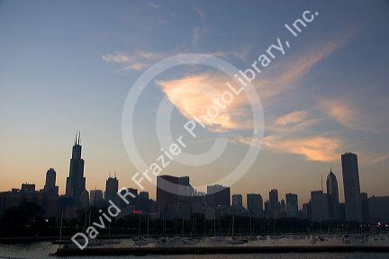 Chicago skyline at sunset, Illinois.