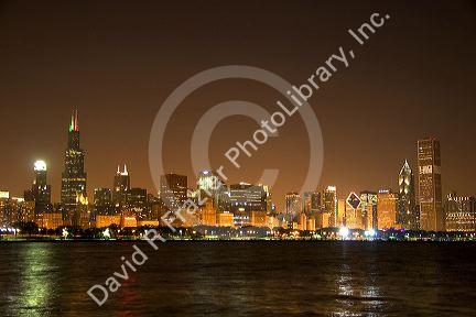 Chicago skyline at night, Illinois.