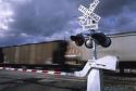 A train traveling in front of a railroad crossing sign.