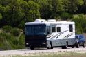 A recreational vehicle pulling a car on Interstate 10 in west Texas.