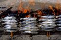 Smoking sardines  near an open fire in Nerja, Spain.