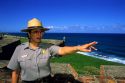 A female hispanic park ranger at El Morro Castle in San Juan, Puerto Rico.