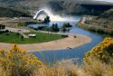 Water being let out of Lucky Peak Dam creates a rooster tail near Boise, Idaho.