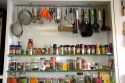 Kitchen utensils and spices.