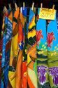 Colorful pareu wraps being sold at a market in Papeete on the island of Tahiti.