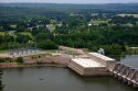 A hydroelectric dam, part of the Ozark Lake Project on the Arkansas River at Ozark, Arkansas.