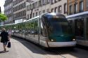 A modern street car in Strasbourg, France.