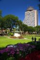 Flower garden and Hotel Loews Le Concord at Quebec City, Quebec, Canada.