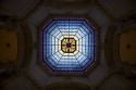 Backlighted view of stained glass in the dome of the Indiana Capitol Building.