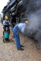 Close view of historic Challenger locomotive steam engine.