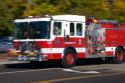 A fire truck in motion responding to an alarm. Boise, Idaho.