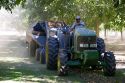 Machinery gathering windrowed walnuts at harvest time in Glenn, California.