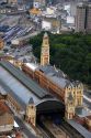 Aerial view of a clock tower on Estacion Luz train station in Sao Paulo, Brazil.