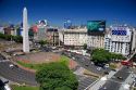 Overview of 9th of July Avenue in Buenos Aires, Argentina at Plaza de la Republica with the Obelisk.