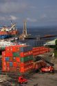 Container ship and containers at the port in Manaus, Brazil.