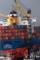 Container ship in the rain at the port in Manaus, Brazil.