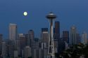 Full moon over the city of Seattle, Washington.