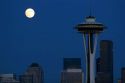 Full moon over the city of Seattle, Washington.