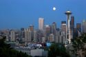 A full moon over the city of Seattle, Washington.