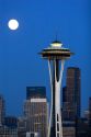 Full moon over the Space Needle in the city of Seattle, Washington.