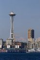 The Space Needle with a view of Mt. Rainier in the background in the city of Seattle, Washington.