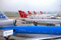 Airplanes parked at Schiphol Airport in Amsterdam, Netherlands.