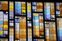 A close up view of the stained glass in the modern Basilica of Guadalupe in Mexico City, Mexico.