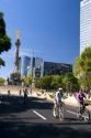 Bicyclists ride on the Paseo de la Reforma with no traffic on a Sunday in Mexico City, Mexico.