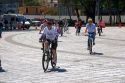 Bicyclists ride on the Paseo de la Reforma with no traffic on a Sunday in Mexico City, Mexico.