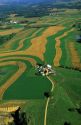 Aerial view of contour strip farming corn and alfalfa hay in Southwest Wisconsin.