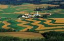 Aerial view of contour strip farming corn and alfalfa hay in Southwest Wisconsin.
