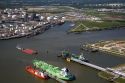 Aerial view of ships and barges along the Houston Ship Channel in Houston, Texas.