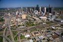 Aerial view of the freeway interchange of Interstate 45 and U.S. Highway 59 and downtown Houston, Texas.