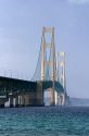 The Mackinac Bridge spanning the Straits of Mackinac near Mackinaw City, Michigan.