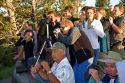 Crowd of tourists viewing wildlife in Yellowstone National Park, Wyoming.