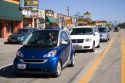 Smart car in a line of traffic at West Yellowstone, Montana.