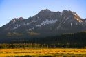 The Sawtooth Mountains at dusk in the Stanley Basin, Idaho.