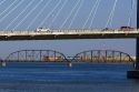 Automobiles travel across the Ed Hendler Bridge spanning the Columbia River between Pasco and Kennewick, Washington.