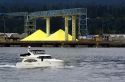 Sulfur recovered from hydrocarbons, stockpiled for shipment at Port Vancouver, British Columbia, Canada.
