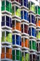 Colored glass windows of the Hesperia Bilbao Hotel in the old quarter of the city of Bilbao, Biscay, Basque Country, northern Spain.