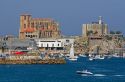 Gothic style church of Santa Maria and castle lighthouse in the harbor of Castro Urdiales, Cantabria, northern Spain.