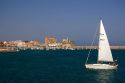 Sailboat in the harbor at Castro Urdiales, Cantabria, northern Spain.