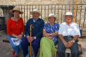 Spanish tourists wearing straw hats in the town of Potes, Liebana, Cantabria, northwestern Spain.