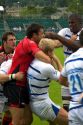 Men play a game of rugby in the city of Bath, Somerset, England.