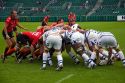 Men play a game of rugby in the city of Bath, Somerset, England.