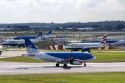 Airliners on the runway at London Heathrow Airport, England, United Kingdom.