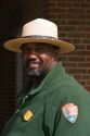 National Park Service Ranger in Battery Park, New York City, New York, USA.