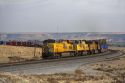 Union Pacific intermodal container train traveling through Elmore County, Idaho, USA.