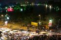 Night view of Hoan Kiem Lake and the Huc Bridge in Hanoi, Vietnam.